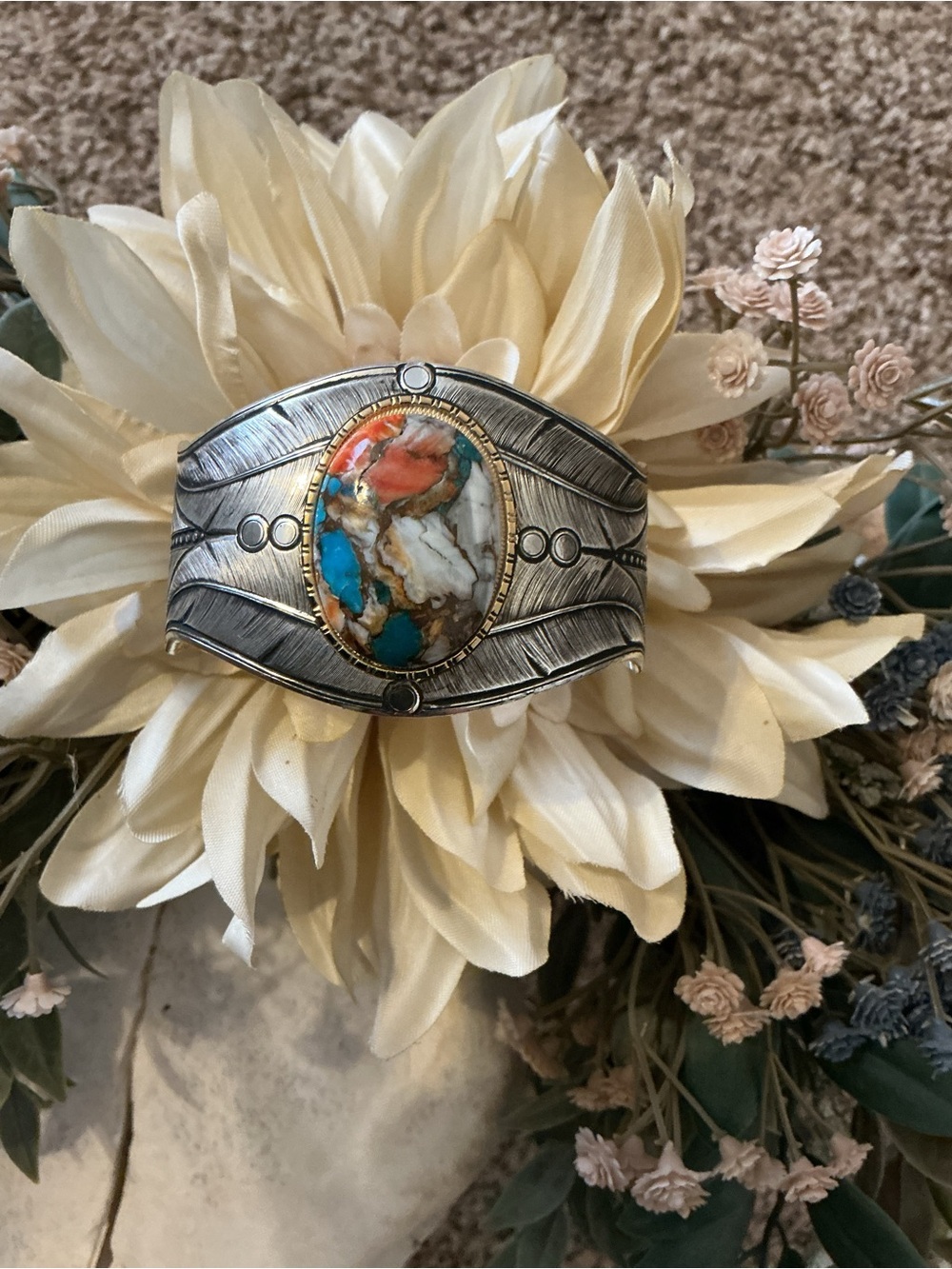 Montana Silversmiths Silver Cuff Bracelet with Turquoise, Orange and White Stone